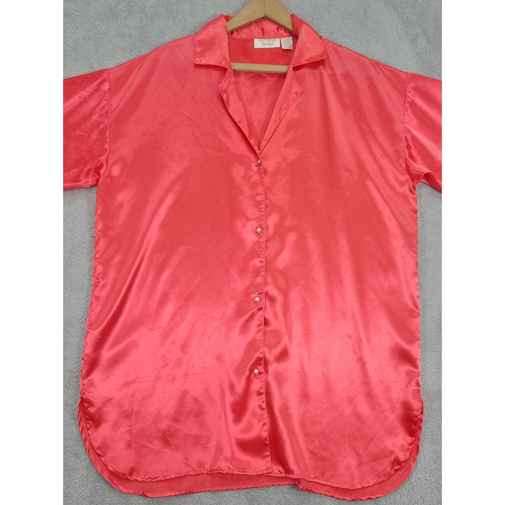 Vintage Victorias Secret Gold Label Pink Satin Sleep Shirt Pearl Button M/L